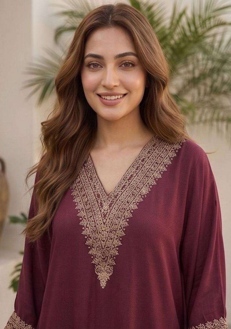 Maroon Embroidery Silk Kurta Set - Indya
