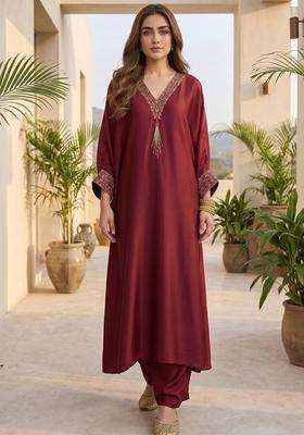Maroon Embroidery Silk Kurta Set