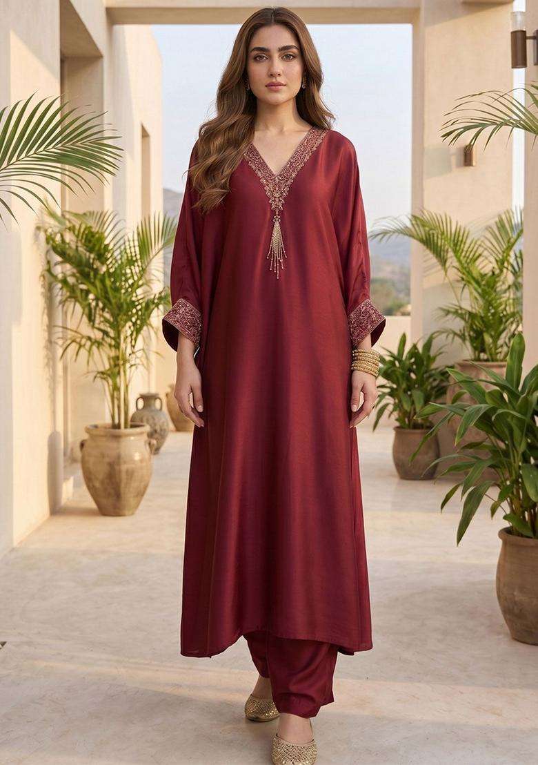 Maroon Embroidery Silk Kurta Set - Indya
