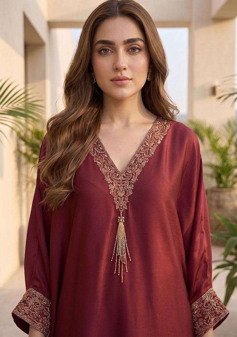 Maroon Embroidery Silk Kurta Set - Indya