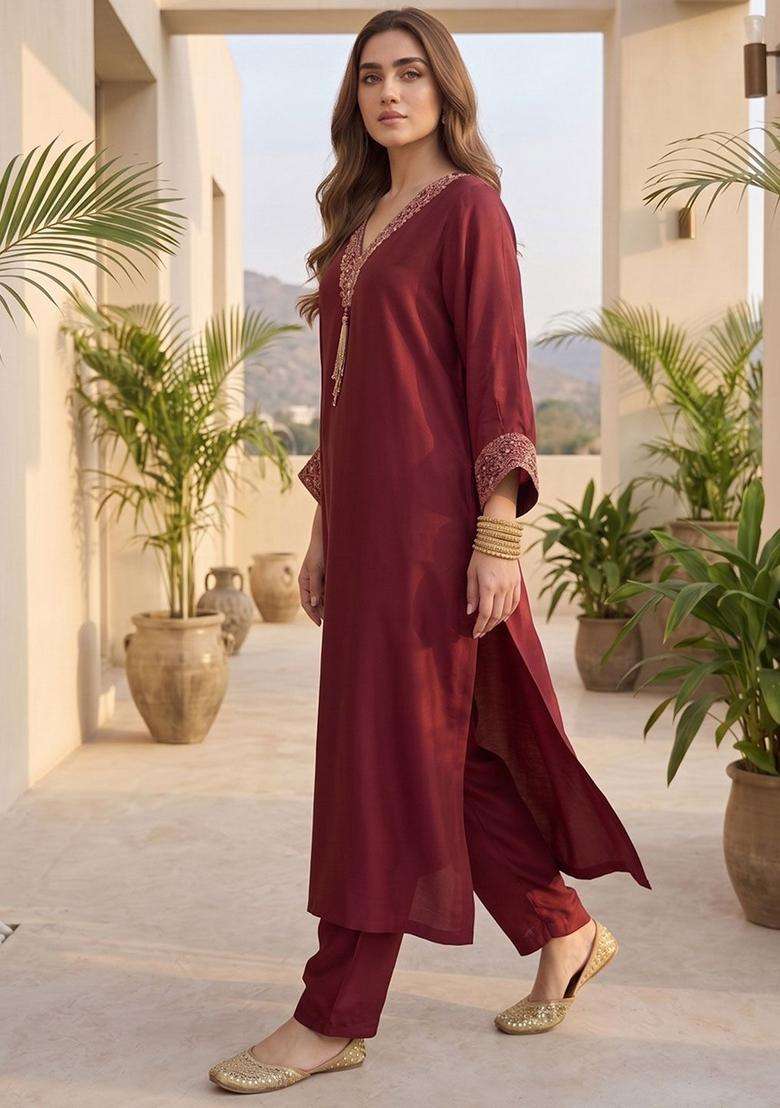 Maroon Embroidery Silk Kurta Set - Indya