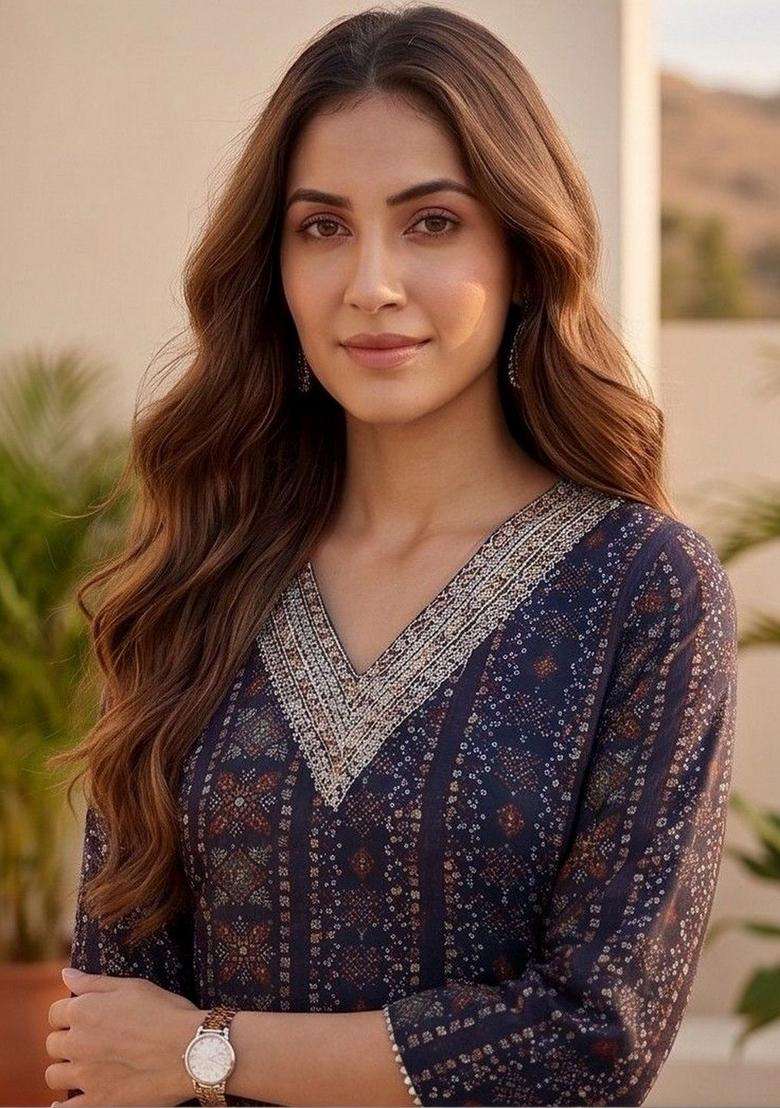 Navy Blue Printed Silk Kurta Set - Indya
