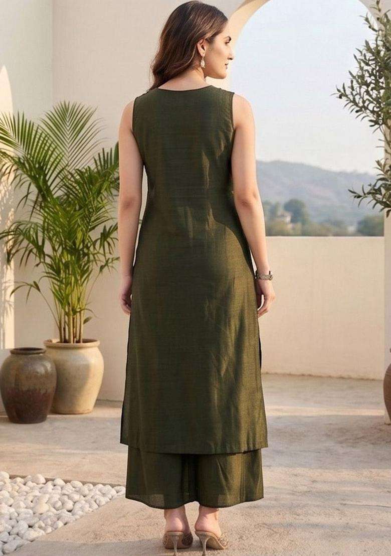Olive Embroidery Cotton Kurta Set - Indya