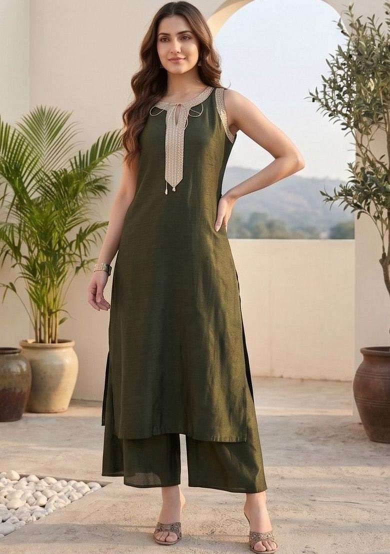 Olive Embroidery Cotton Kurta Set - Indya