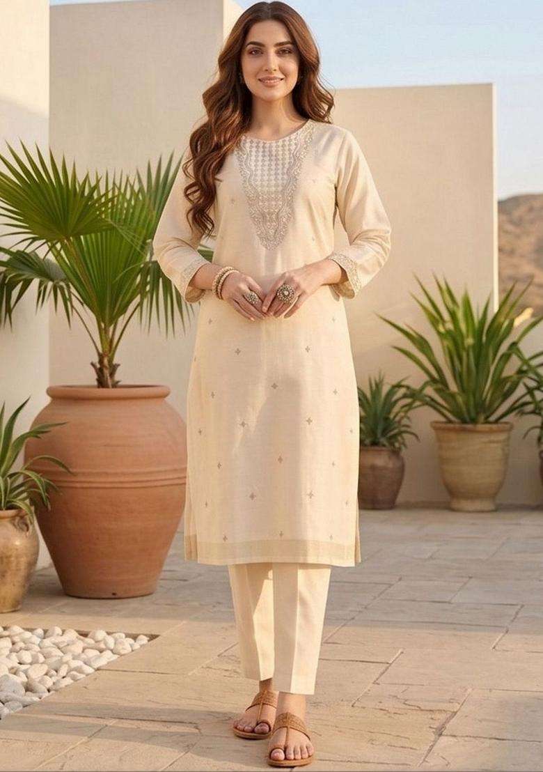 Off White Embroidery Silk Kurta Set - Indya