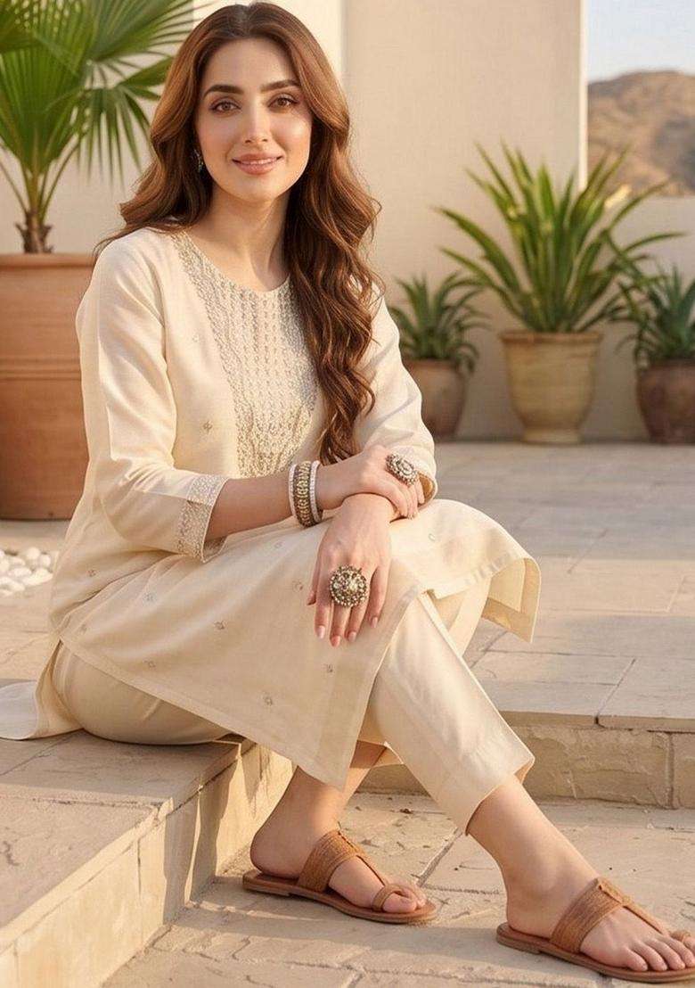 Off White Embroidery Silk Kurta Set - Indya