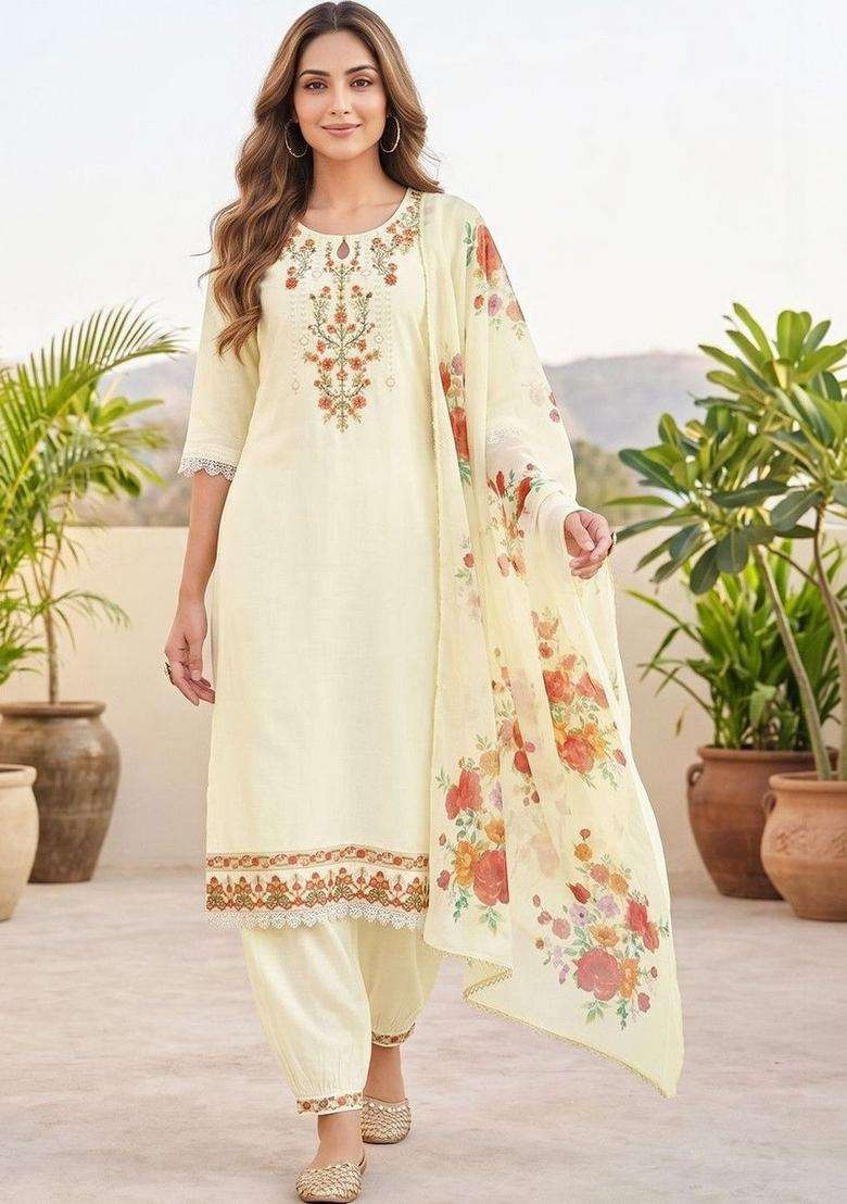 Cream Embroidery Cotton Kurta Set - Indya