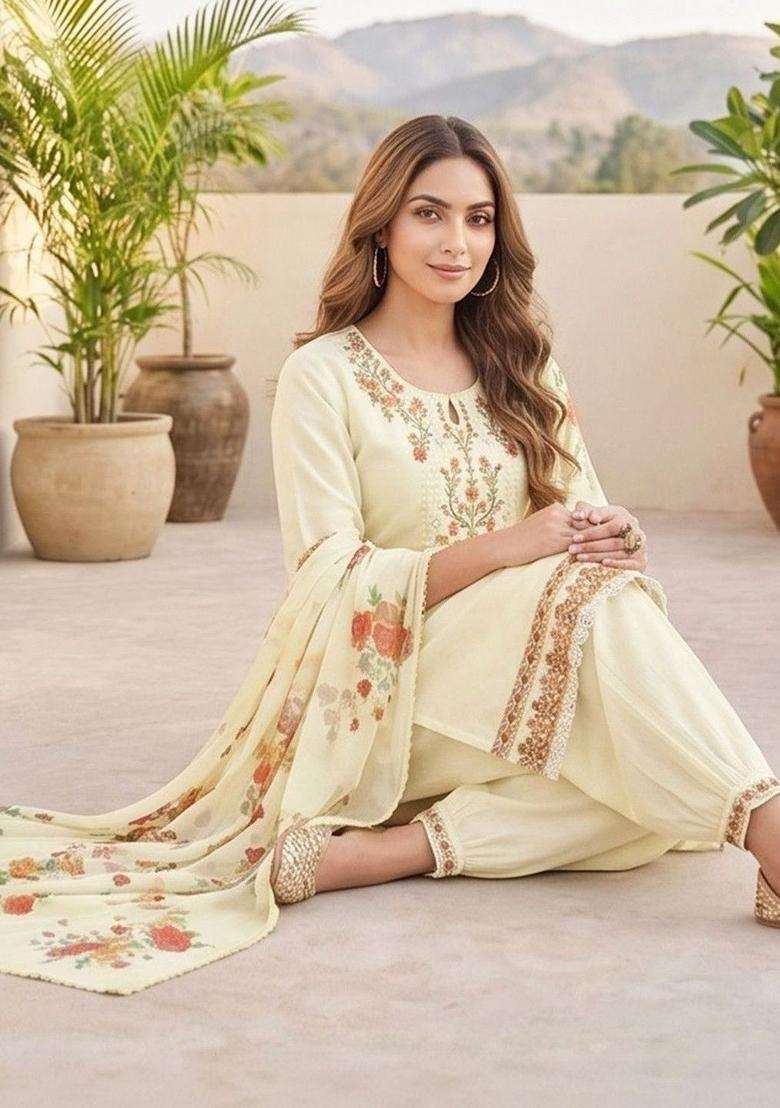 Cream Embroidery Cotton Kurta Set - Indya