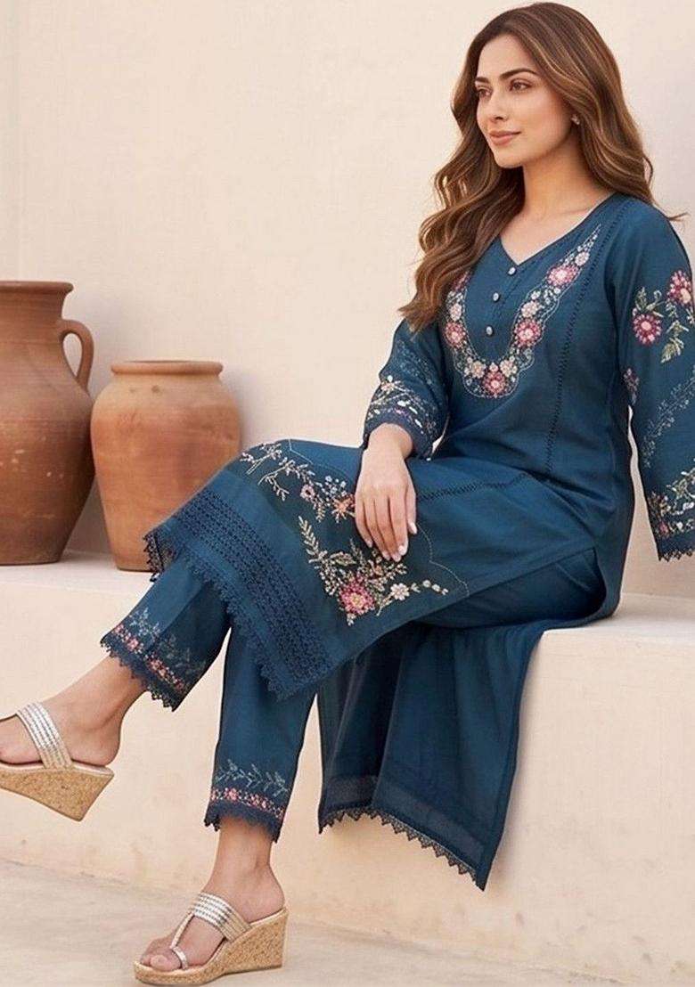 Teal Embroidery Silk Kurta Set - Indya