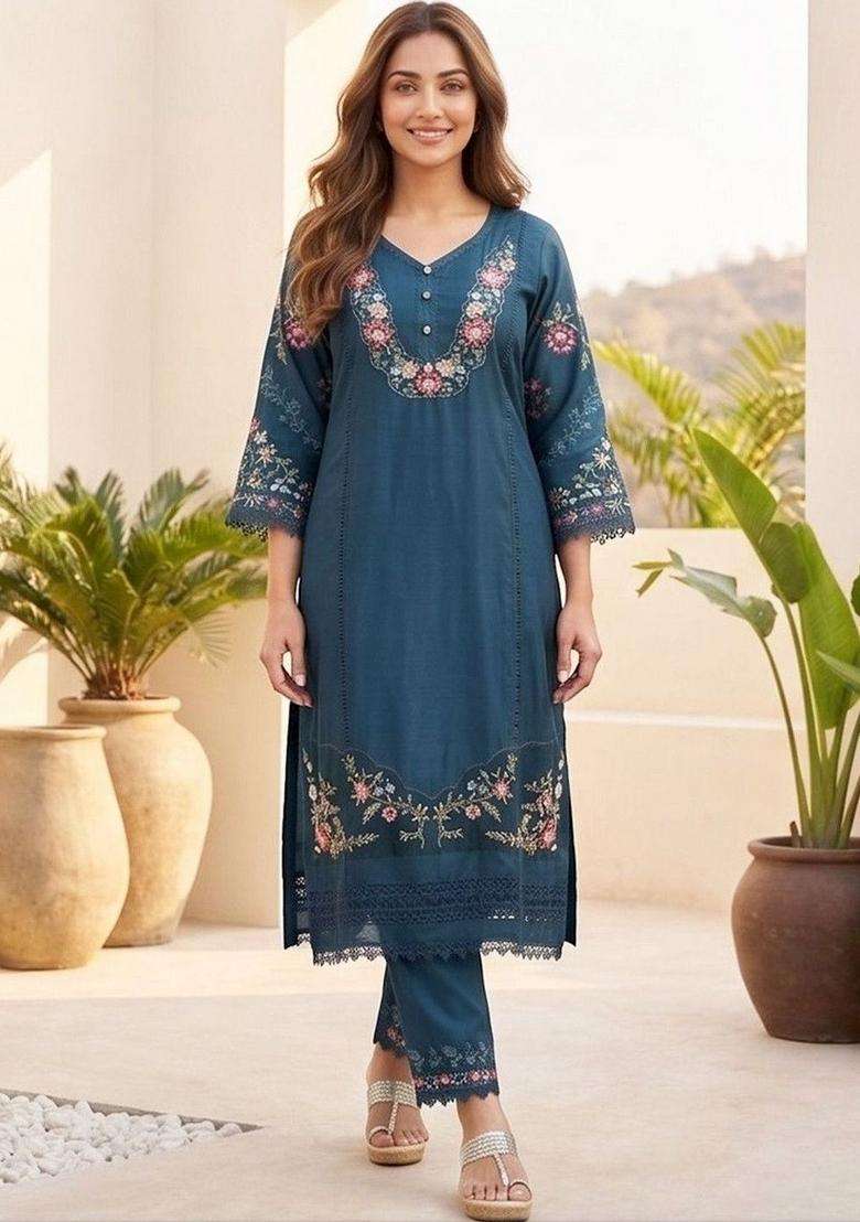 Teal Embroidery Silk Kurta Set - Indya