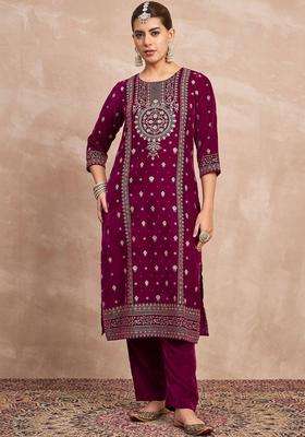 Purple Embroidery Cotton Kurta Set