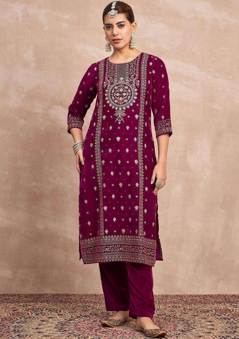 Purple Embroidery Cotton Kurta Set - Indya