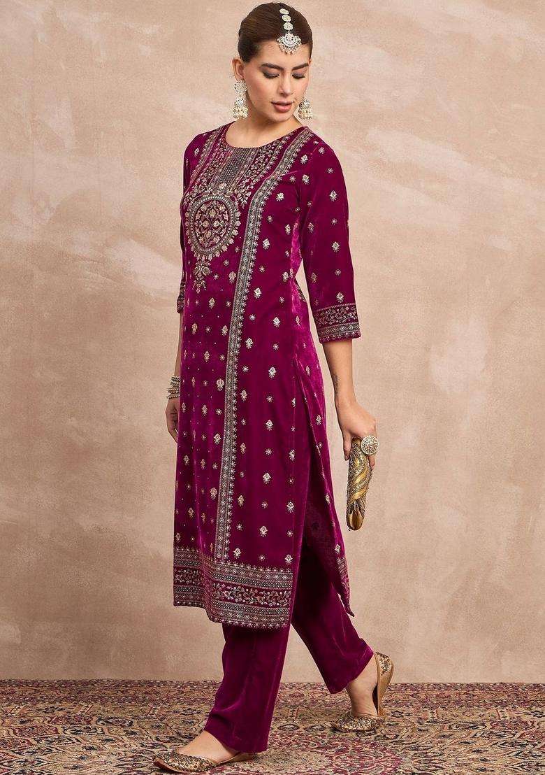 Purple Embroidery Cotton Kurta Set - Indya