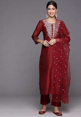 Maroon Embroidery Silk Kurta Set
