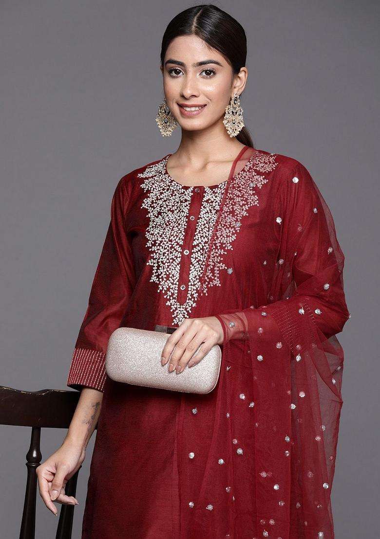 Maroon Embroidery Silk Kurta Set - Indya