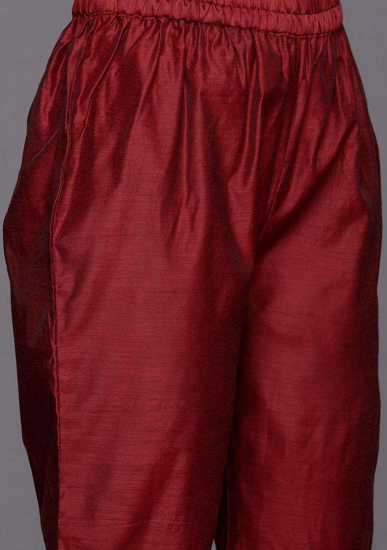 Maroon Embroidery Silk Kurta Set - Indya