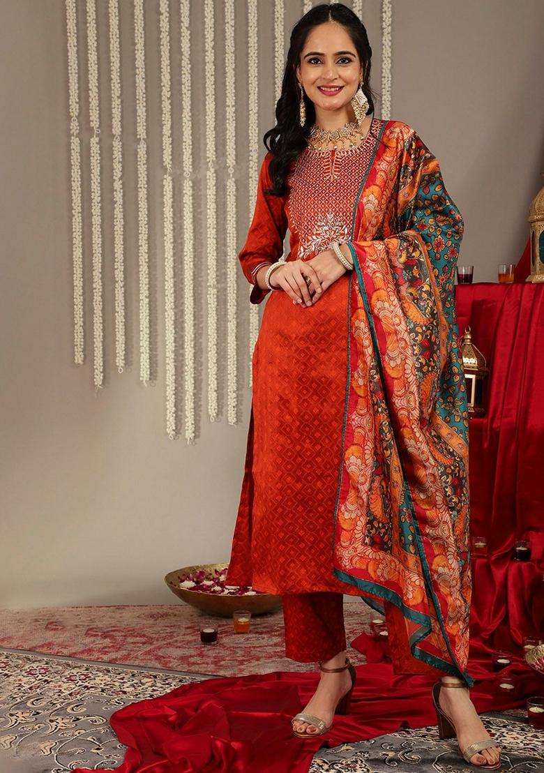 Orange Embroidery Silk Kurta Set - Indya