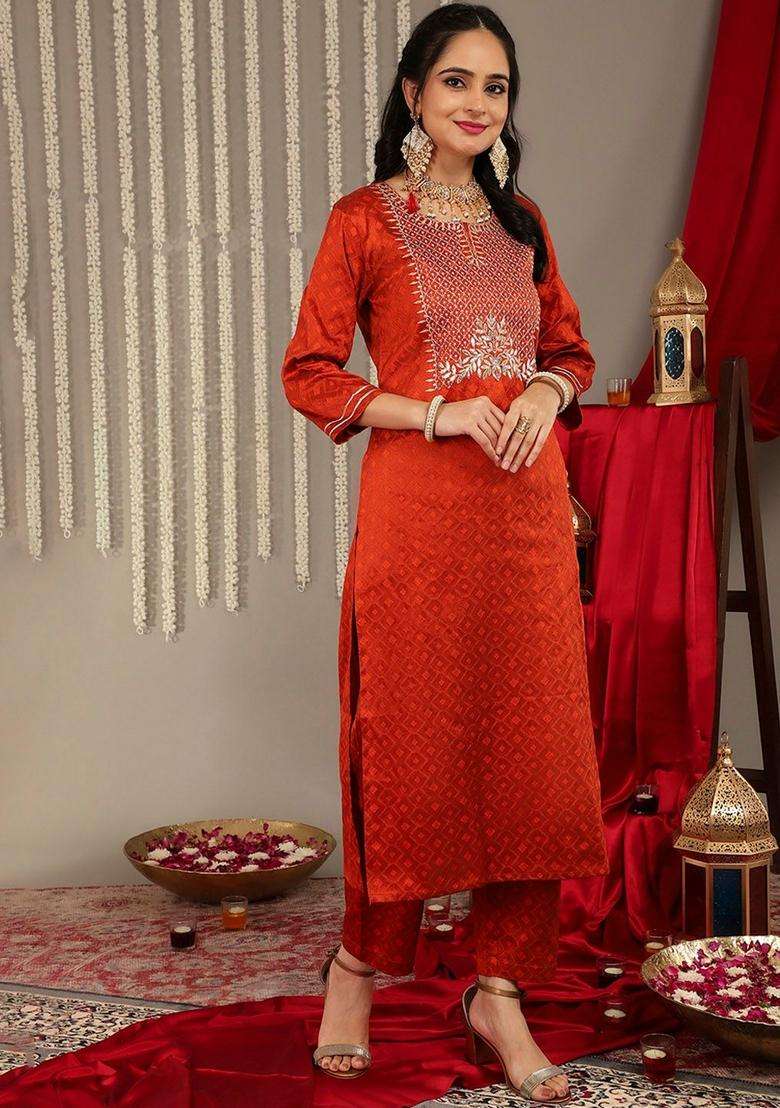 Orange Embroidery Silk Kurta Set - Indya