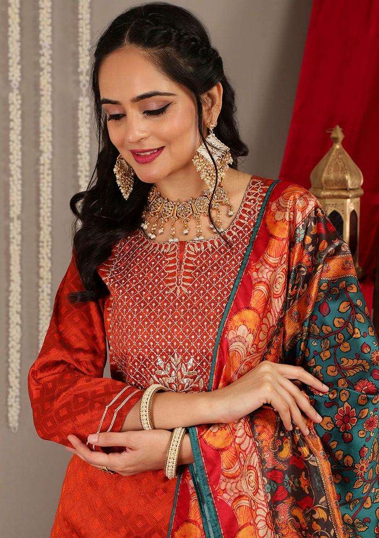 Orange Embroidery Silk Kurta Set - Indya