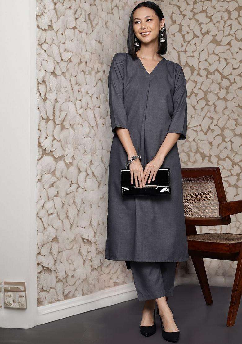 Grey Printed Silk Kurta Set - Indya