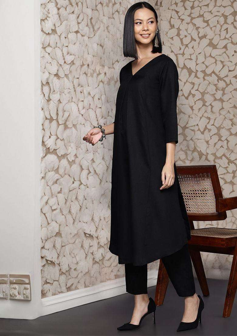 Black Printed Cotton Kurta Set - Indya