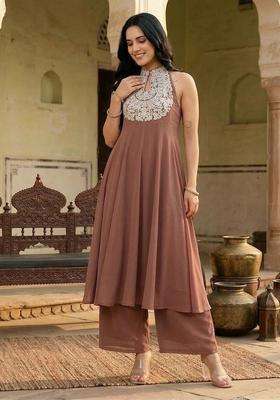 Brown Embroidery Viscose Anarkali Set