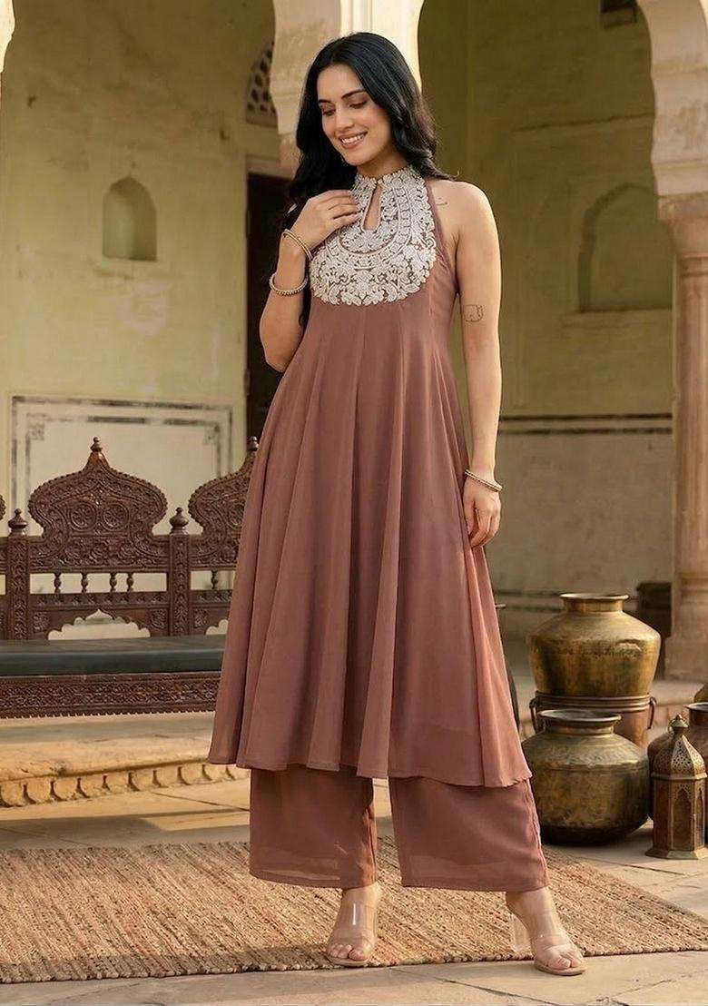 Brown Embroidery Viscose Anarkali Set - Indya