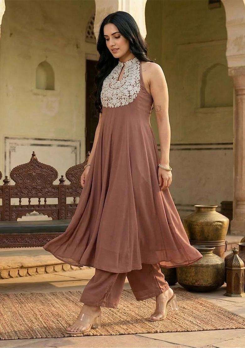 Brown Embroidery Viscose Anarkali Set - Indya