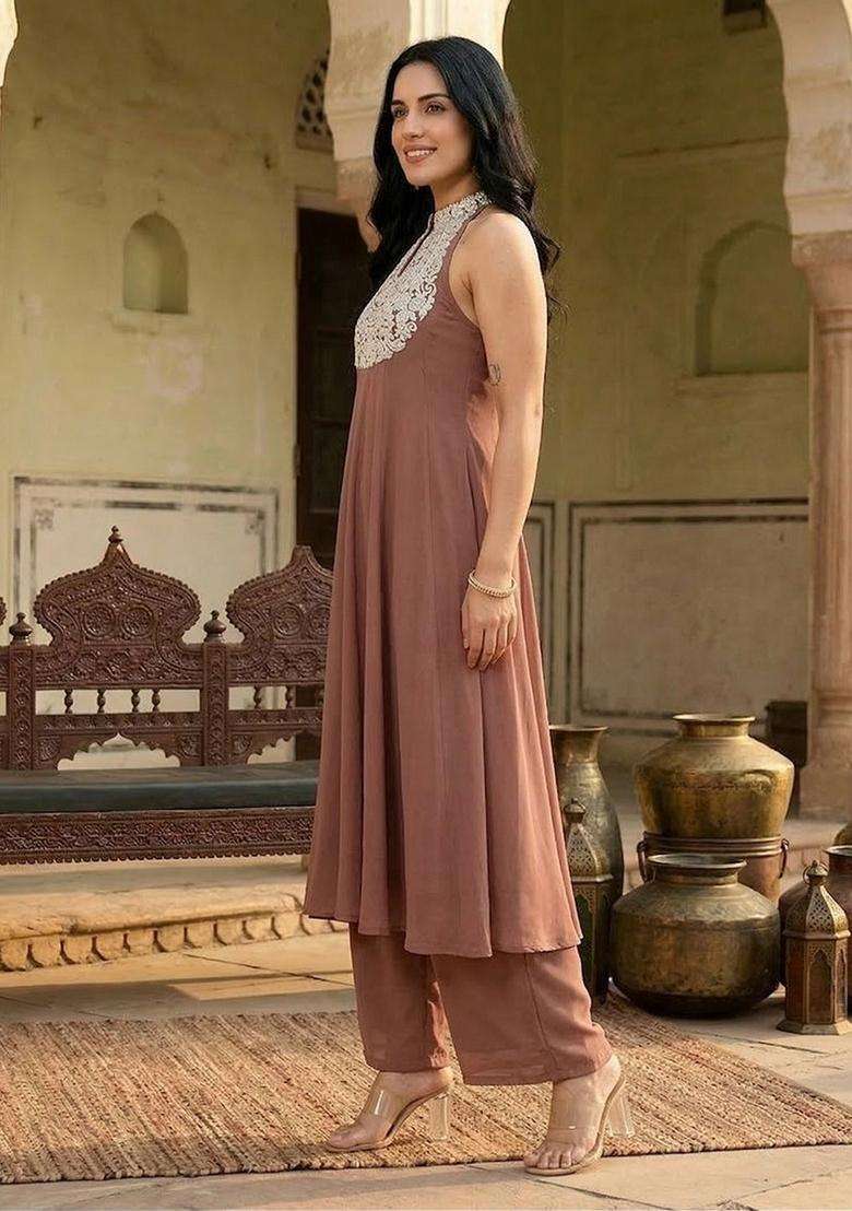 Brown Embroidery Viscose Anarkali Set - Indya