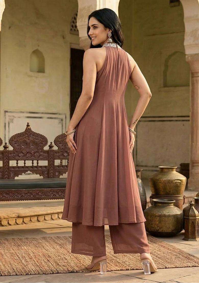 Brown Embroidery Viscose Anarkali Set - Indya