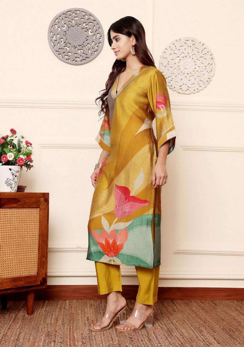 Mustard Printed Silk Kurta Set - Indya