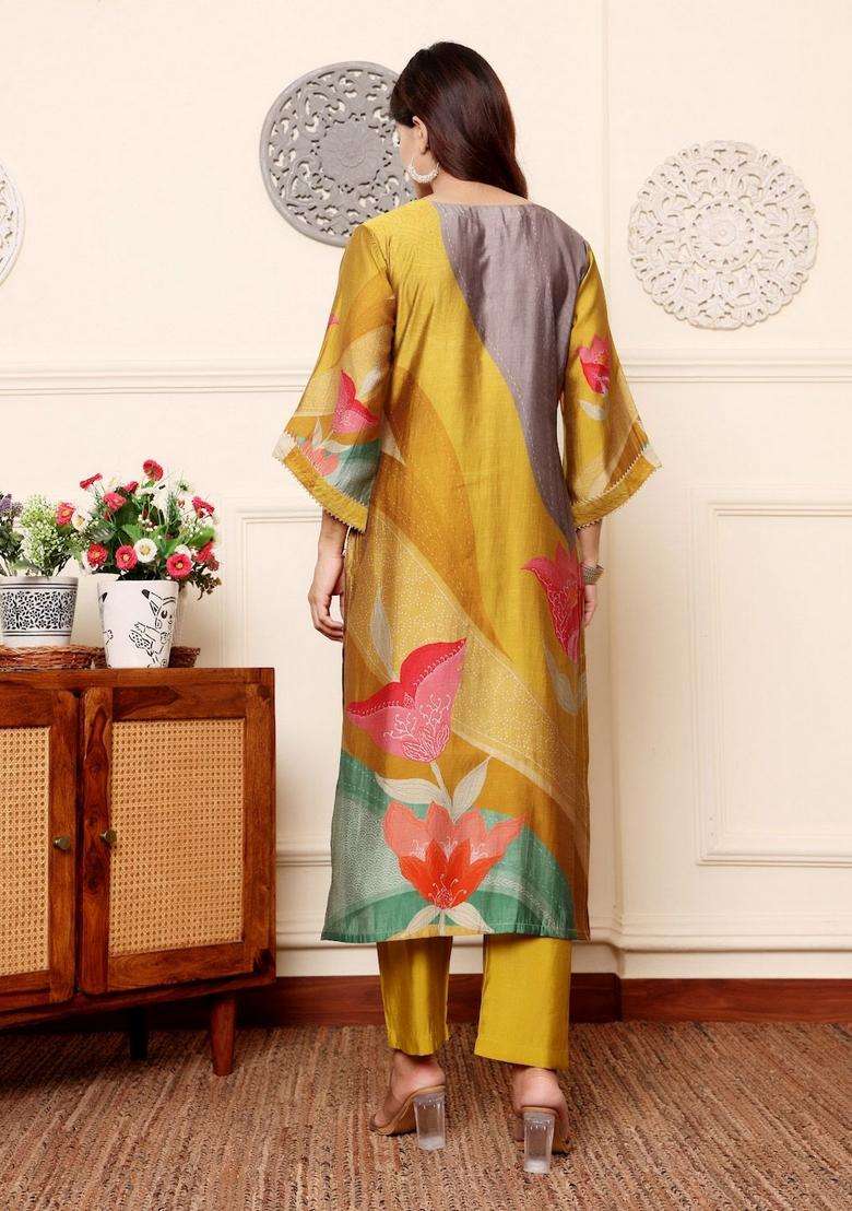 Mustard Printed Silk Kurta Set - Indya