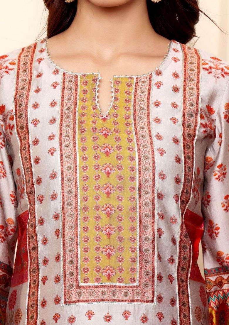 Off White Printed Silk Kurta Set - Indya