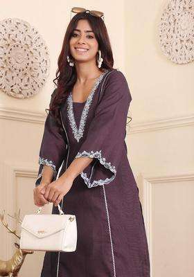 Brown Embroidery Silk Kurta Set
