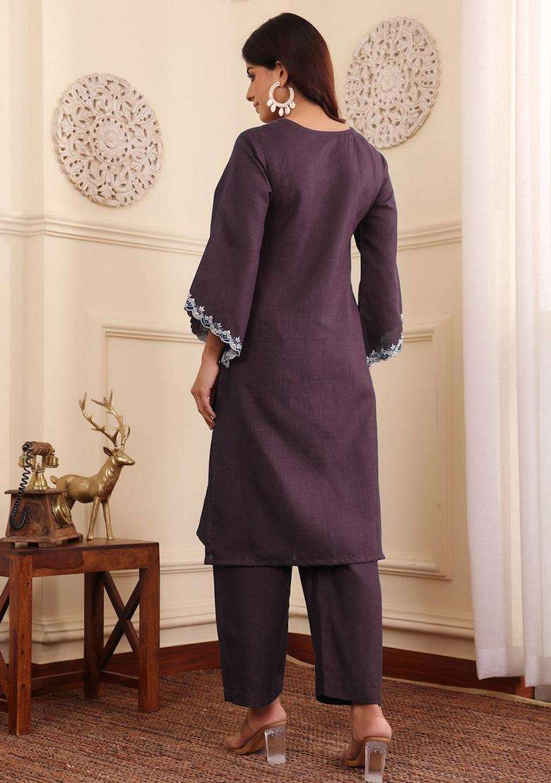 Brown Embroidery Silk Kurta Set - Indya