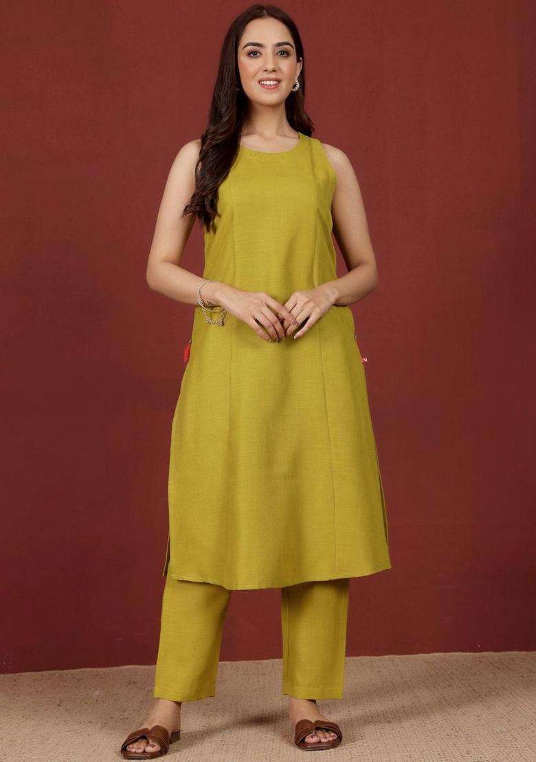 Yellow Printed Cotton Kurta Set - Indya