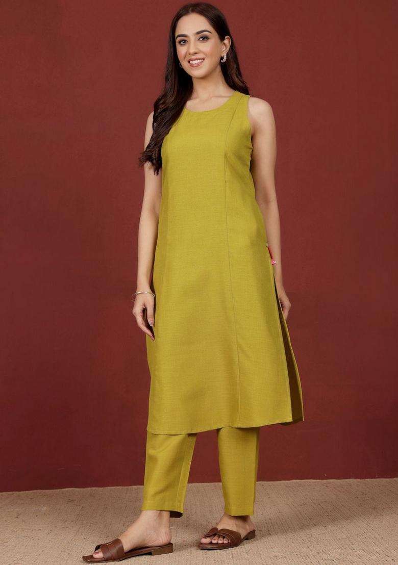 Yellow Printed Cotton Kurta Set - Indya