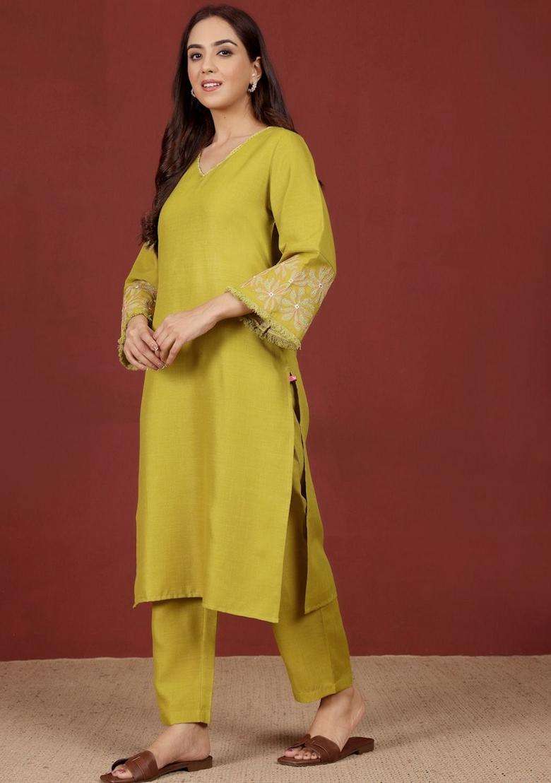 Yellow Printed Cotton Kurta Set - Indya