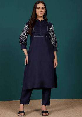 Navy Blue Printed Cotton Kurta Set