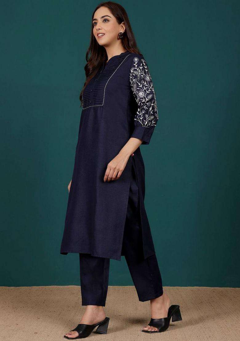 Navy Blue Printed Cotton Kurta Set - Indya