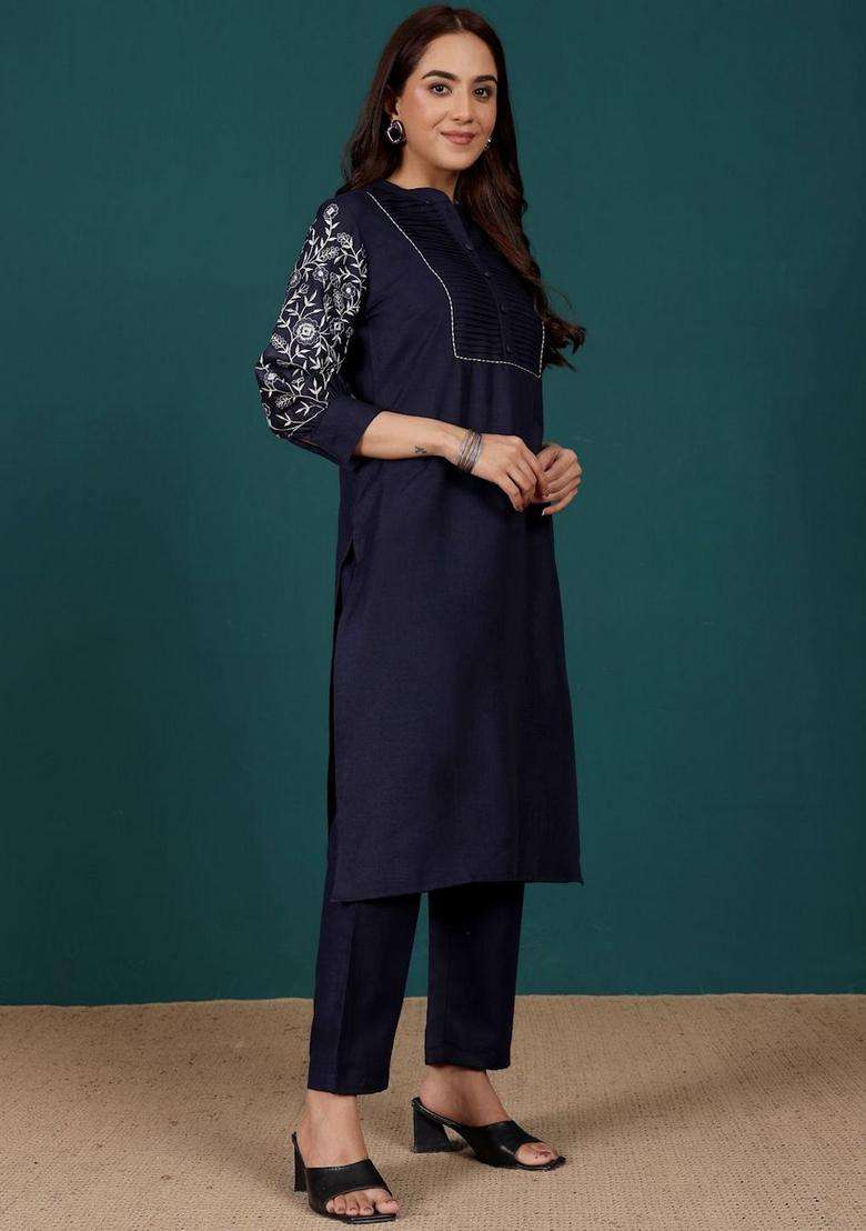 Navy Blue Printed Cotton Kurta Set - Indya