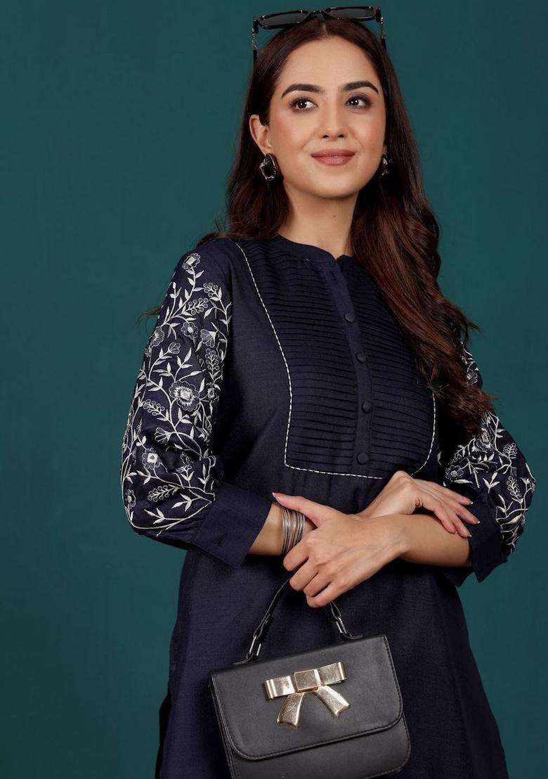 Navy Blue Printed Cotton Kurta Set - Indya