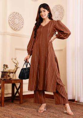 Brown Printed Cotton Kurta Set