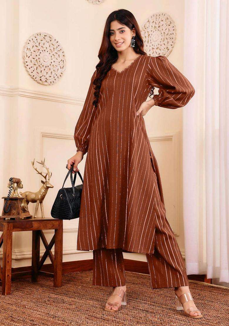 Brown Printed Cotton Kurta Set - Indya