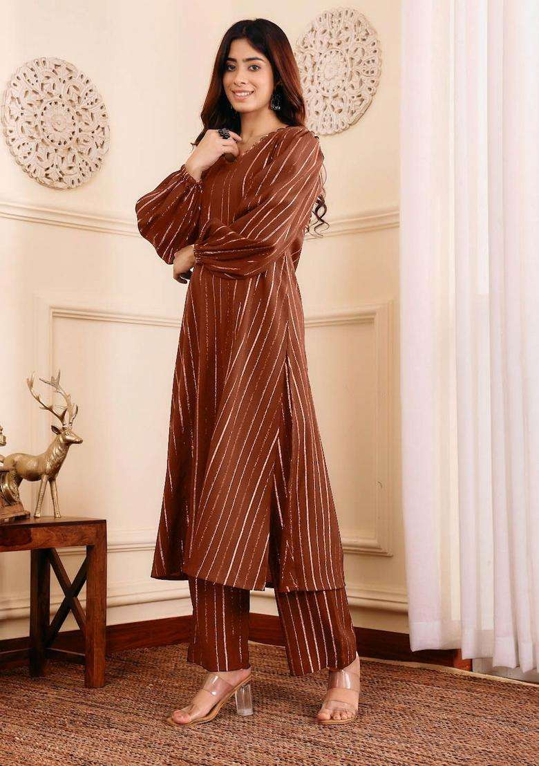 Brown Printed Cotton Kurta Set - Indya