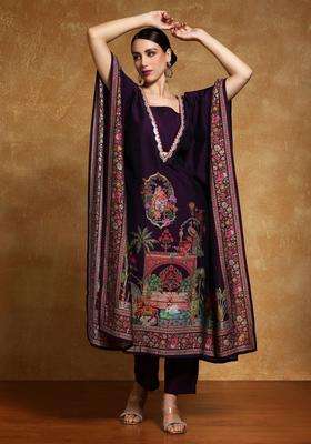Purple Printed Silk Kurta Set