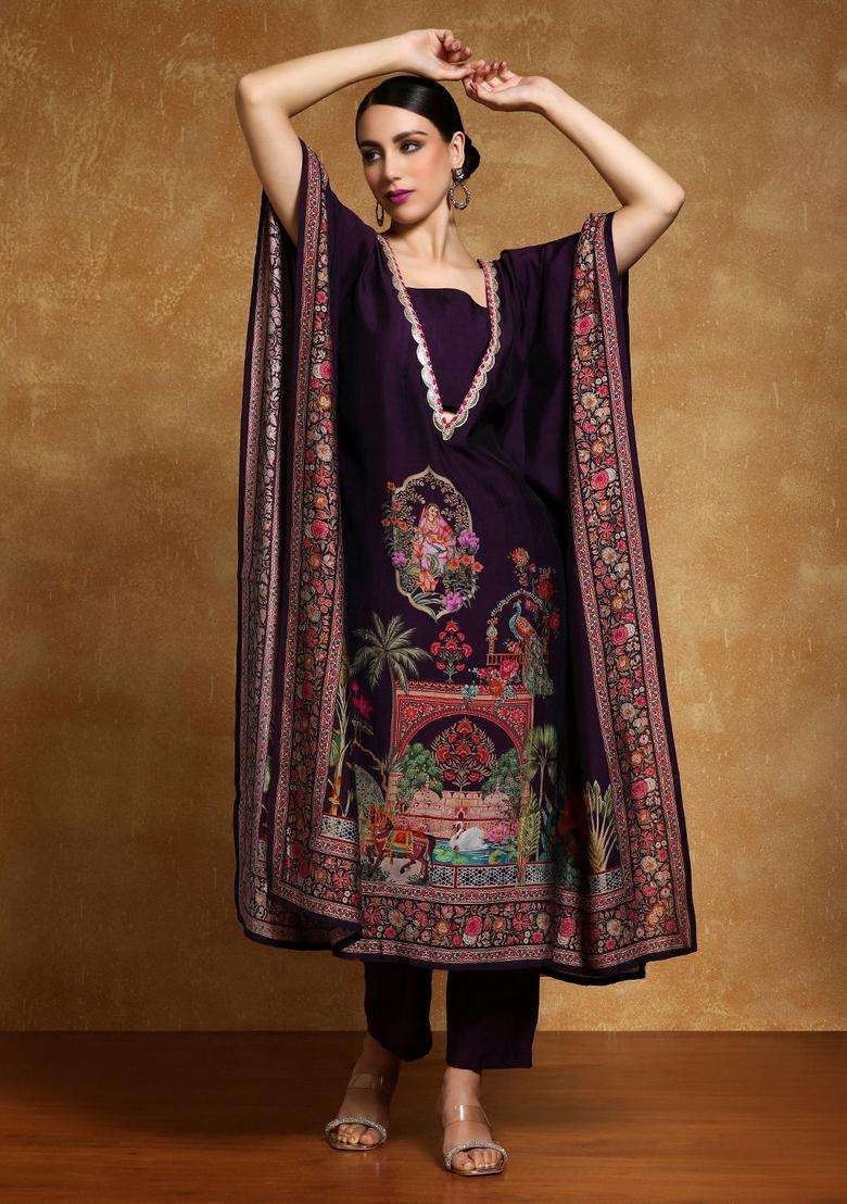 Purple Printed Silk Kurta Set - Indya
