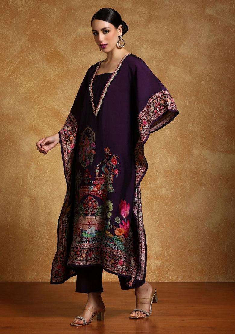 Purple Printed Silk Kurta Set - Indya