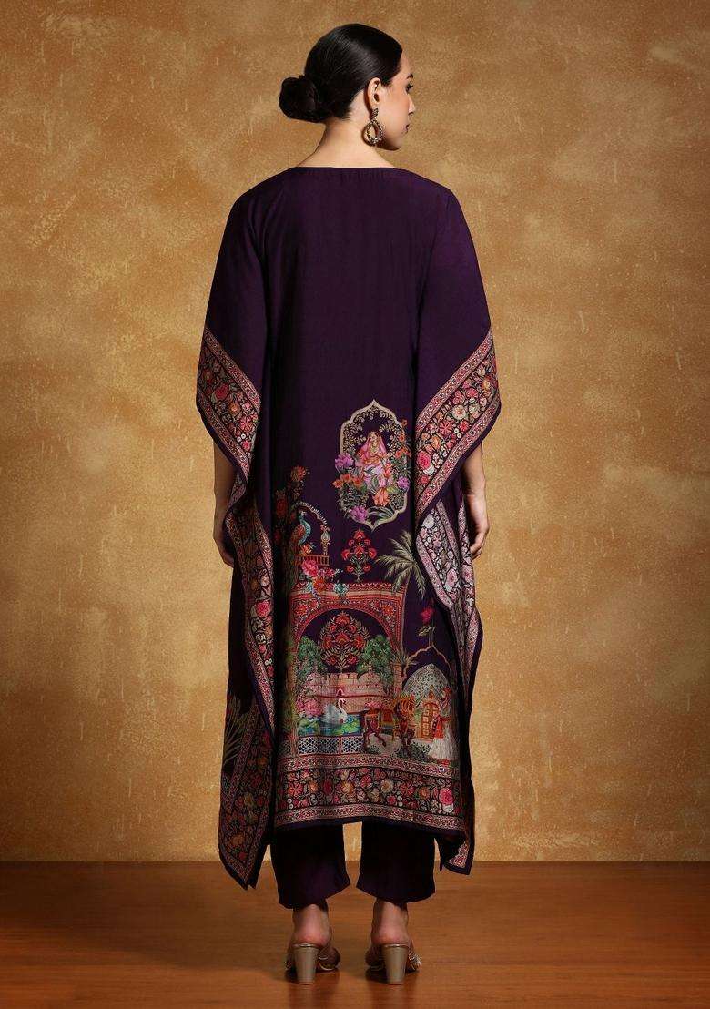 Purple Printed Silk Kurta Set - Indya