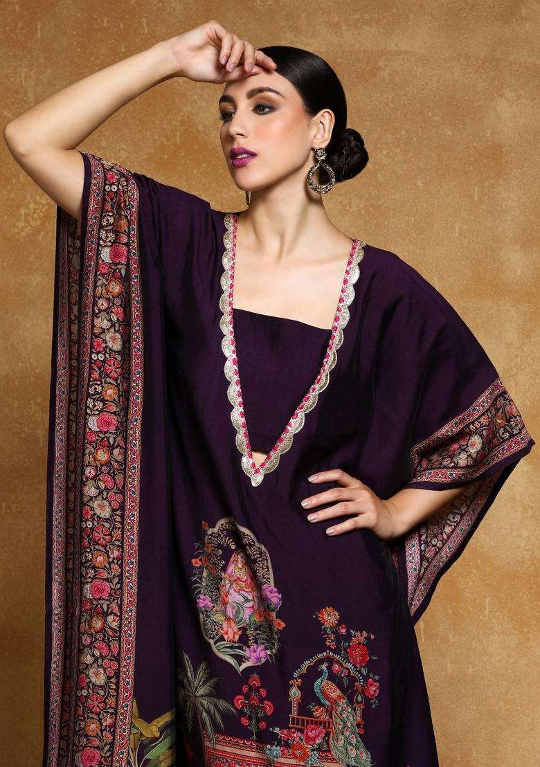 Purple Printed Silk Kurta Set - Indya
